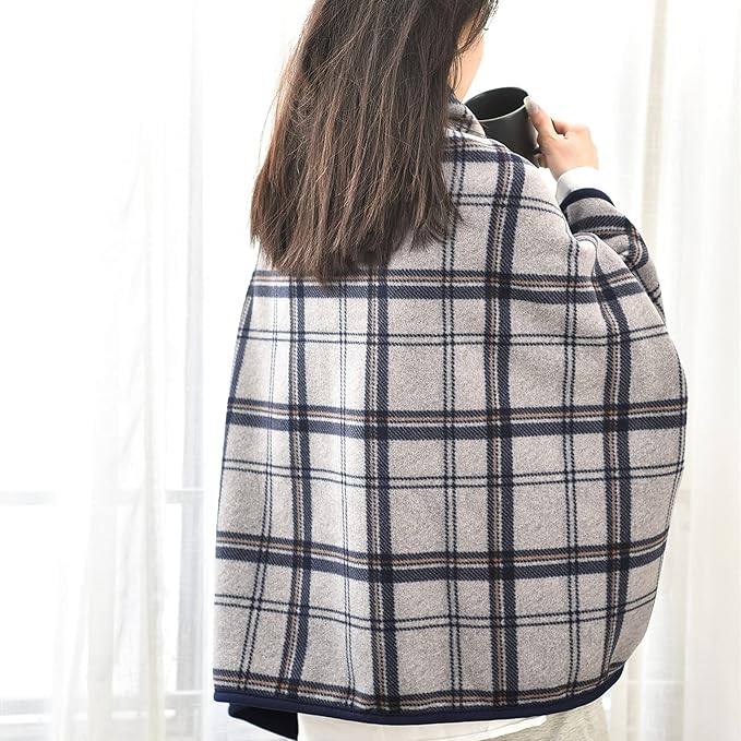 forestfish Fleece Wearable Blanket, Plaid Lap Blanket Comfy Poncho Throw with Buttons for Bed Sofa Office, Navy-Gray