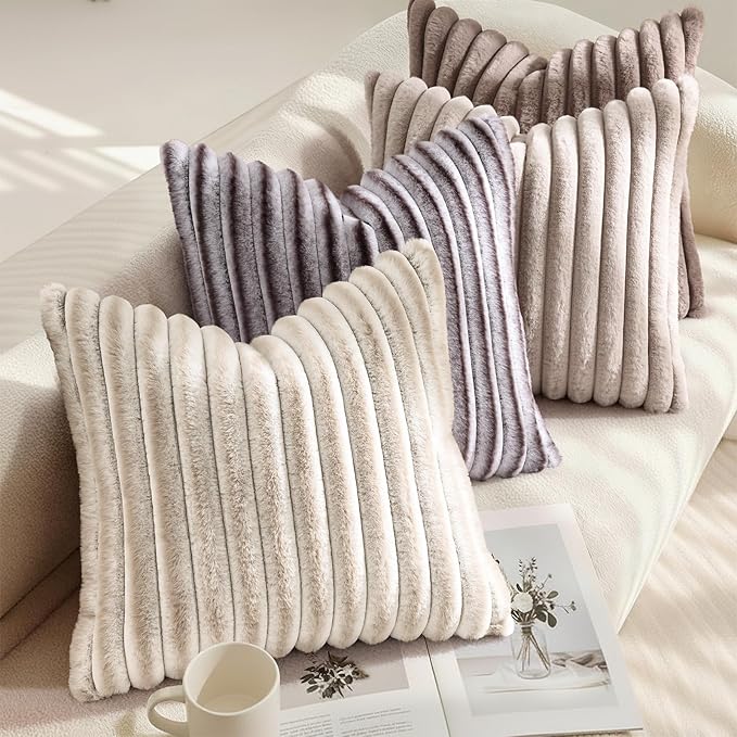 decorUhome Summer Cozy Faux Fur Throw Pillow Covers 22x22 Set of 2 Decorative Plush Striped Modern Farmhouse Boho Couch Euro Sham Pillow Cases with Velvet Back for Sofa Bed Living Roomr, Beige White