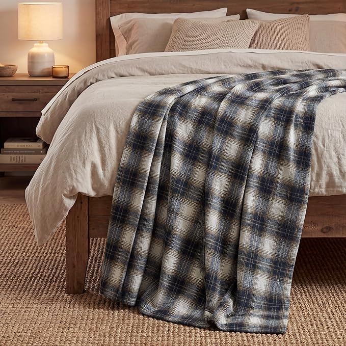 Horaldaily Dark Blue Brown Farmhouse Plaid Decorative Blanket Throw, Spring Summer Rustic Soft Lightweight Blanket for Couch Sofa Bed Lounging Decoration, Ideal Gifts for Kids Adults Self, 50x60
