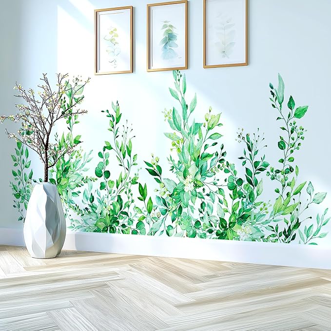 Emerald Green Plants Leaves Wall Decals Peel and Stick, Large Floral Flowers Vinyl Wall Stickers, Removable Vine Home Decor Art for Bedroom Living Room Classroom Office