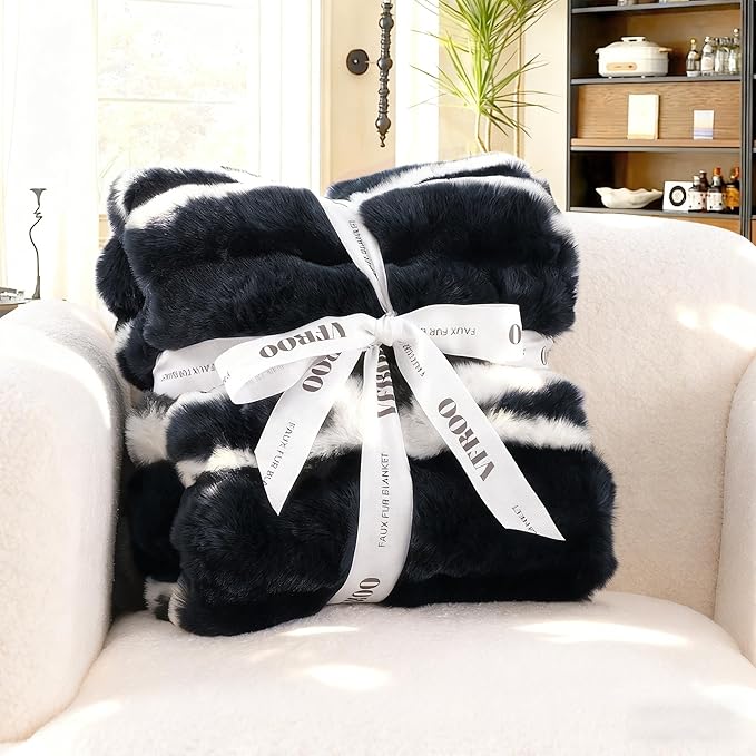 Faux Rabbit Fur Throw Blanket – 850GSM Thick & Warm, Ultra Soft Plush Blanket for Couch, Bed, Sofa, Ideal Gift for Women, 60" × 80", Black