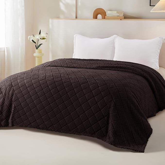 Whale Flotilla Fuzzy Fleece Twin Size Blanket for Bed, Soft Fluffy Jacquard Waffle Blankets for All Season, Lightweight and Warm, 60x80 Inch, Coffee