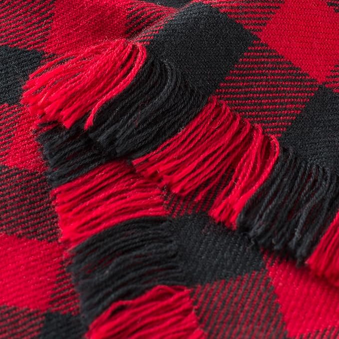 100% Cotton Throw Blanket Plaid Soft Lightweight Cozy Farmhouse Tassels Summer Thin Breathable Throws for Couch Sofa Bed (60" × 80" Red/Black)