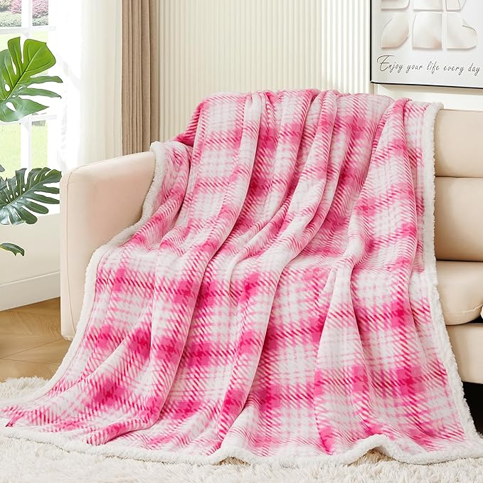 Touchat Sherpa Plaid Throw Blanket, 60" X 70" Fuzzy Fluffy Cozy Soft Blanket, Fleece Flannel Plush Twin Size Microfiber Blanket for Couch Bed Sofa, White&Pink