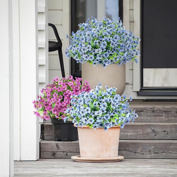 Artificial Flowers Outdoor Faux Plants UV Resistant Fake Patio Flowers Plastic Greenery Plnats Outside Bulk for Spring Garden Hanging Planter Home Vase Decor, 12 Bundles (Blue)
