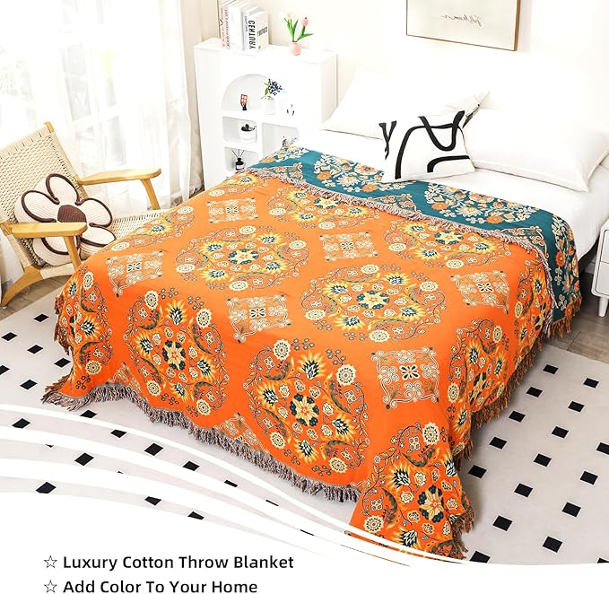 Boho Large Throw Blanket, 100% Organic Muslin Cotton Breathable Soft Bed Throw - Floral Farmhouse Decor Blanket for Sofa Couch Chair and Gift. 80" x 90"- Orange
