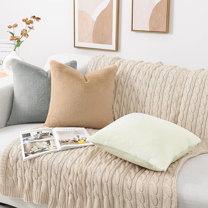 Pallene Faux Fur Plush Throw Pillow Covers 24x24 Set of 2, Soft Fluffy Couch Pillow Covers for Living Room, Khaki