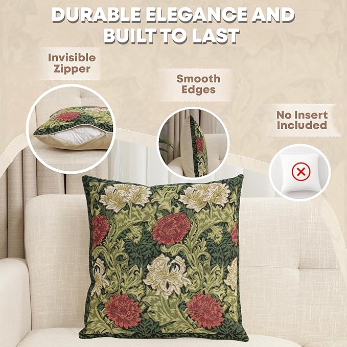 Charlotte Home Furnishings Throw Pillow Covers 16x16 in Green Chrysanthemum Decorative Pillow Covers Boho European Tapestry Cushion Cases Living Room Cozy Home Decor Jacquard Woven Soft Cotton