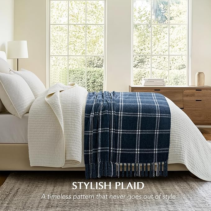 EverGrace Plaid Chenille Throw Blanket for Couch, Super Soft Cozy Decorative Windowpane Grid Plaid Throw with Tassels, Lightweight Chenille Knit Throw for Bed Sofa Gift, Navy & White 60”x80”