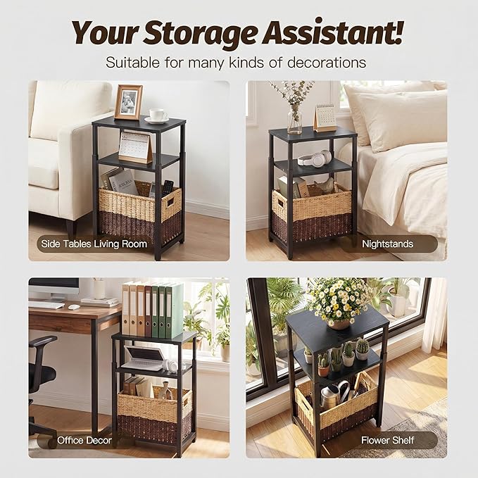 Side Table with Storage Basket, Small End Table with Adjustable Height Design for Living Room, Bedroom Nightstand Bedside Table for Small Spaces (Black)