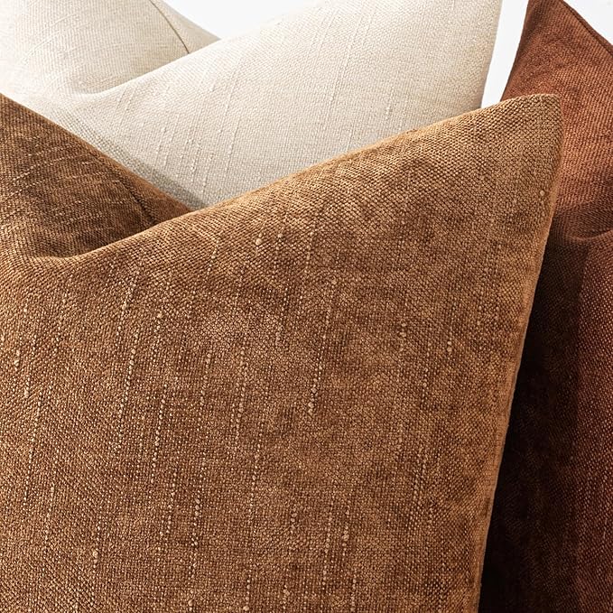 MIULEE Pack of 2 Decorative Throw Pillow Covers Soft Chenille Throw Pillows Solid Neutral Farmhouse Textured Cushion Covers for Couch Sofa Bedroom Living Room 18x18 Inch, Brown