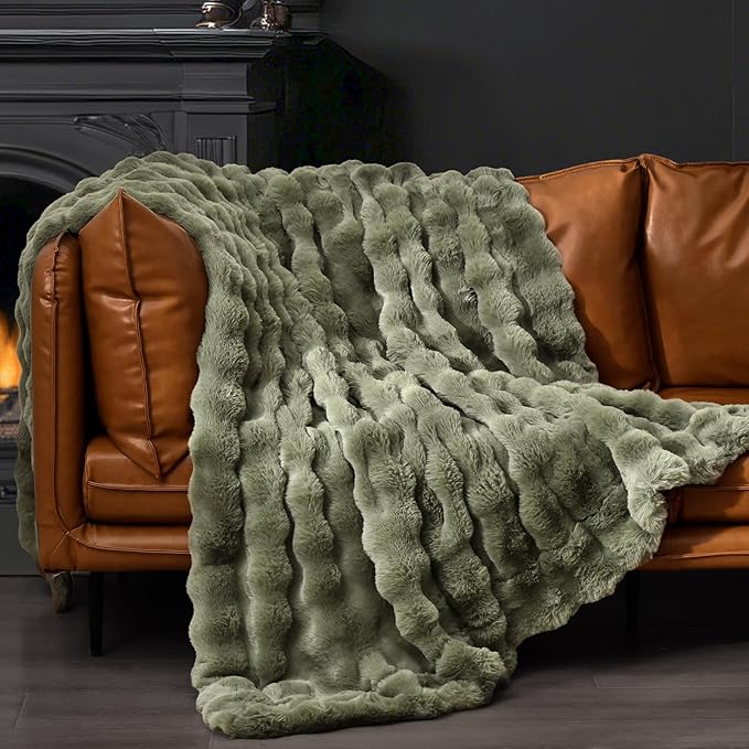 PHF Luxury Faux Rabbit Fur Throw Blanket, Ultra Soft Fluffy Plush Cozy Warm Bubble Blanket for Bed, Couch, Sofa Decorative, Thick Reversible Throw Suitable for Fall & Winter, 50" x 60", Olive Green