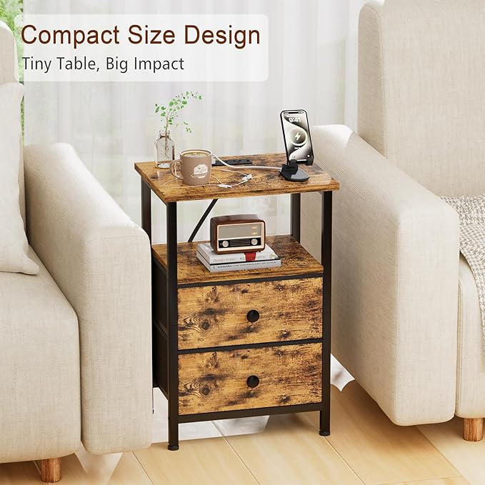Night Stand with Charging Station, Small Bedside Table with 2 Fabric Drawers, Nightstand with USB Ports & Outlets for Bedroom, Living Room, Brown, HETS020BR-1