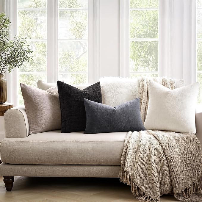 MIULEE Grey Couch Pillow Covers 12x20 Inch, Set of 2 Soft Chenille Decorative Lumbar Throw Pillow Covers Farmhouse for Sofa Living Room Bed