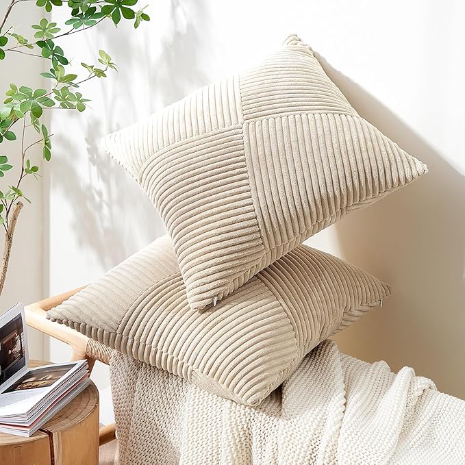 Topfinel Tan Decorative Throw Pillow Covers 18x18 Set of 2 Windmill Textured Striped Patchwork Pillow Covers Soft Corduroy Square Beige Cushion Cases for Couch Sofa Bed Boho Home Decor