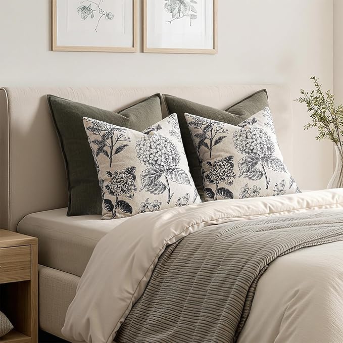 Set of 2 Decorative Floral Neutral Pillow Covers 18x18 Inch Black Hydrangea Print Spring Boho Vintage Throw Cushion Covers for Sofa Couch Porch Bedroom Living Room Summer Home Decor