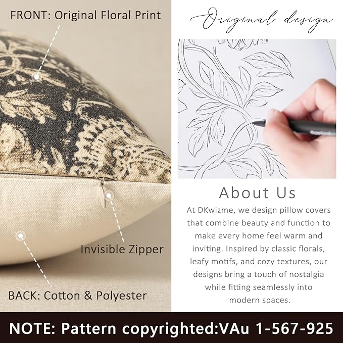 Vintage Floral Print Throw Pillow Covers 12x20 Set of 2 Neutral Modern Farmhouse Pillow Cases Accent Decorative Cushion Covers Boho Home Decor for Couch Sofa Chair Bed Living Room, Black