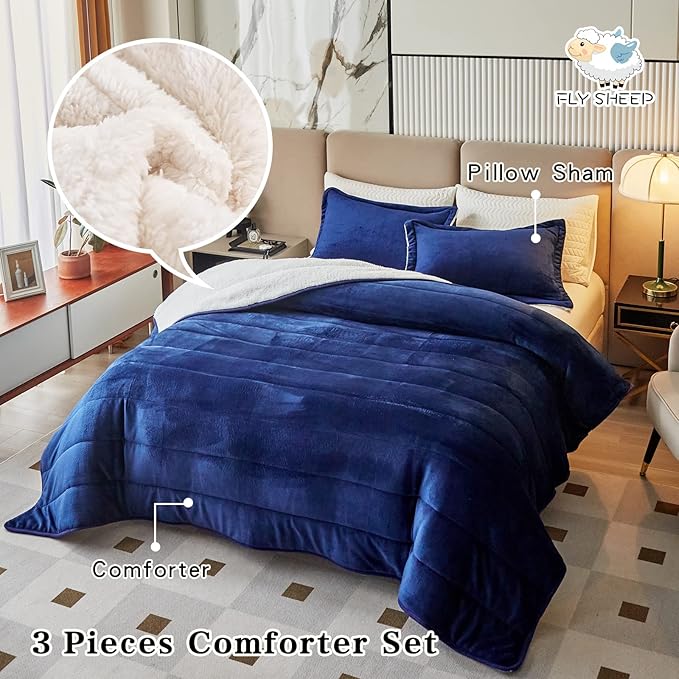 3-Layer Luxury Flannel Fleece Thick Bed Blanket Full Queen Size, Soft Plush Velvet Sherpa Blanket with 2 Pillow Shams Heavy Warm for Winter, Breathable n Washable, Navy Blue