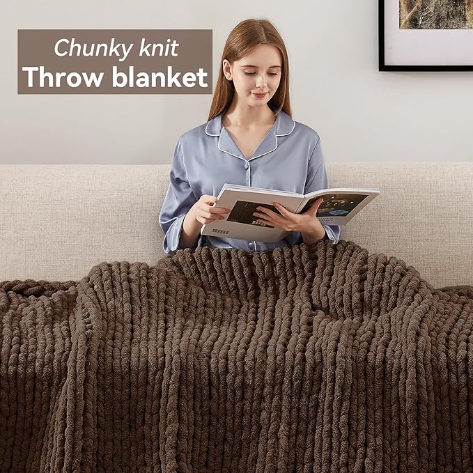 Chunky Knit Throw Blanket, 50''*60'' Knitted Throw Chenille Yarn for Bed Couch, Handmade Dark Brown Crochet Big Thick Blanket, Machine Washable Cute Comfy Blanket for Home Decor