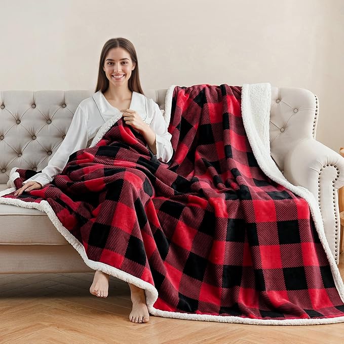 Sherpa Fleece Throw Blanket for Couch, Fluffy Plush Warm Fuzzy Blanket for Women and Men, Cozy Thick Soft Twin Blanket for Bed (Red, 60"*80")