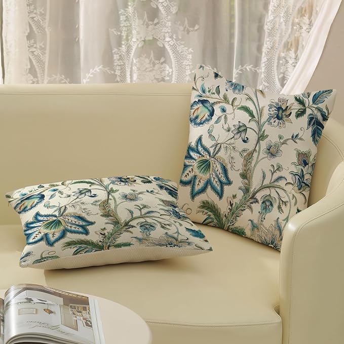 Blue Green Pillow Covers 16x16 Set of 2 Sage Green Chinoiserie Floral Throw Pillows Boho Vintage Flowers Decorative Pillowcase Outdoor Chinoiserie Decor Farmhouse Cushion Case for Couch Sofa