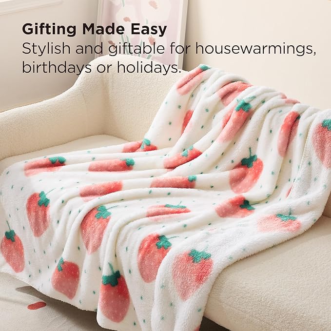 Bedsure Cute Strawberry Decor Throw Blanket Pink for Kids - Soft Fleece Throw Home Decor for Girls Women Teens as Birthday, GentleSoft Cozy Fruit Pattern Blankets for Couch Bed, 50x60