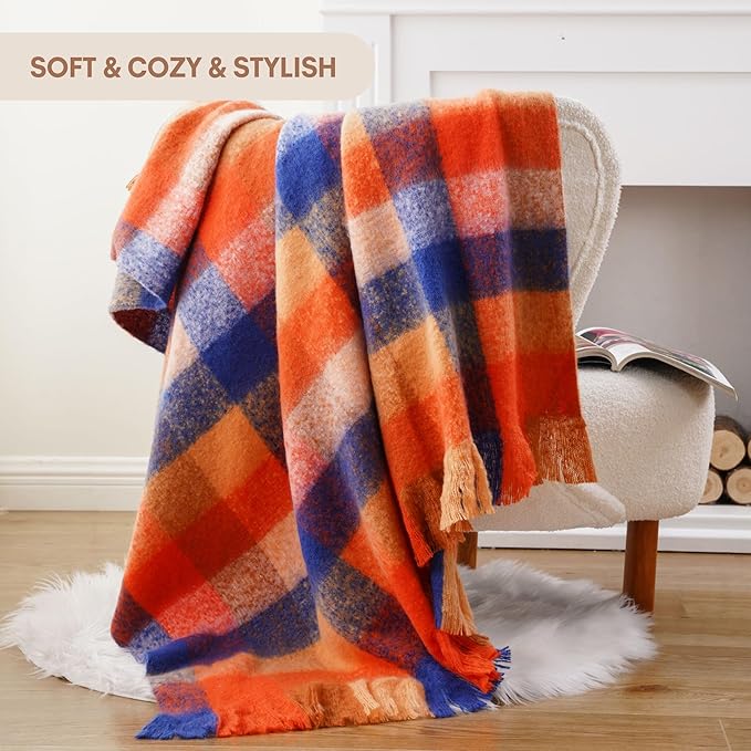 BATTILO Fall Orange Plaid Throw Blanket for Couch, Colorful Mohair Tartan Plaid Blanket, Farmhouse Style Throw Blankets for Fall Home Decor(50"x60")
