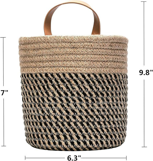 2pack Small Hanging Baskets-Cotton Rope Wall Basket with Handle, Hanging Storage Basket, Shelf Baskets Storage Bin Closet Organizer - 6.3" x 7", Woven Plant Basket (Jute-black)