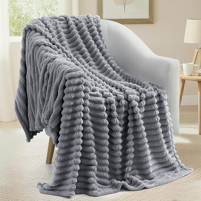 decorUhome Soft Fleece Grey Throw Blanket for Couch, Cozy Fluffy Plush Flannel Striped Blanket for Sofa Bed, Lightweight Decorative Ribbed Fuzzy Blanket for Woman, 50x60 Inches