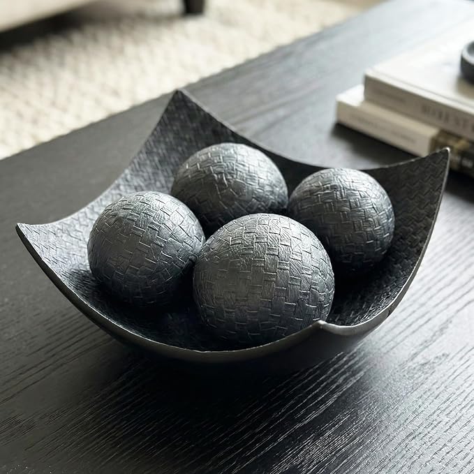 Seraphic 5pc Scoop Bowl Table Centerpieces for Dining Room, Large Decorative Bowls for Coffee Table Decor, Kitchen, Orbs/Balls Included, 14" diagonal. 11" wide and 5.75" tall, Charcoal Black