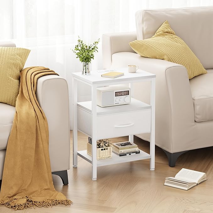 DUMOS Bedside Table with Charging Station and Adjustable Fabric Drawer Compact Nightstand 3-Tier Storage Organizer End Table for Bedroom,White