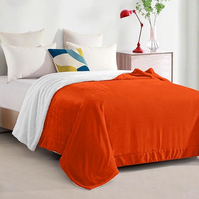 Elegant Comfort Ultra Soft Reversible Flannel Sherpa Blanket - Cozy Silky Fleece Throw for Couch, Bed - Plush Fuzzy Warm Winter Blanket for Gift, Full, Orange