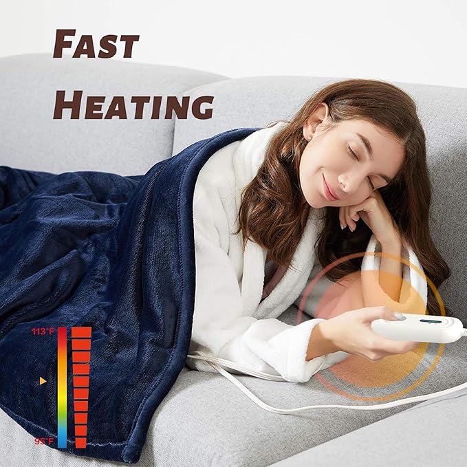 Tefici Electric Heated Blanket Twin,Super Cozy Soft 2-Layer Flannel 62" x 84" Heated Twin Size with 3 Heating Levels 8 Hours Auto Off, Machine Washable, ETL and FCC Certified, Home Office Use, Blue