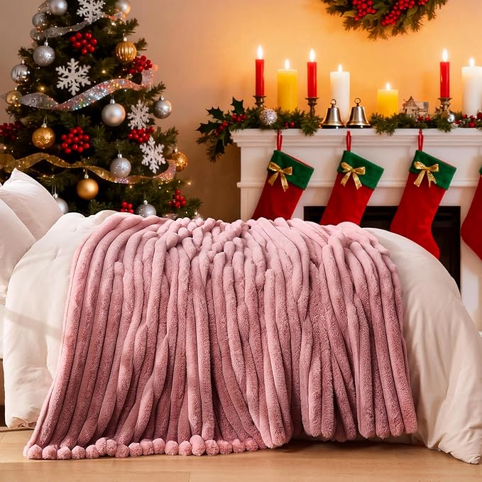Lotus Karen Fluffy Faux Fur Throw Blanket for Couch Bed, Large 650GSM King Size Cozy Soft Warm Rabbit Fur Striped Pink Blanket for Women, Luxury Throw for Gift Home Decor (Pink, 104x90 Inch)