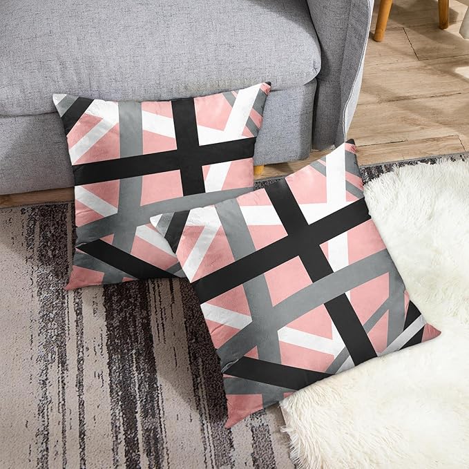 Emvency Set of 2 Throw Pillow Cover Soft Pink Black Stripes Grey White Design Retro Decorative Pillow Case Striped Home Decor Square 18x18 Inch Cushion Pillowcase