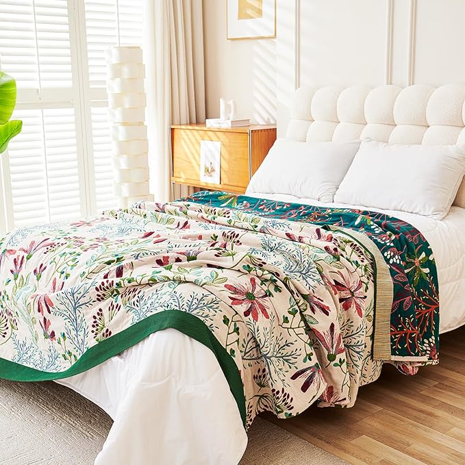 Boho Throw Blanket, 100% Organic Cotton Breathable Ultra Soft 60" x 80" Bed Quilt Throw - All Season Floral Rustic Farmhouse Decor Luxury Reversible Blanket for Sofa Couch Chair and Gift