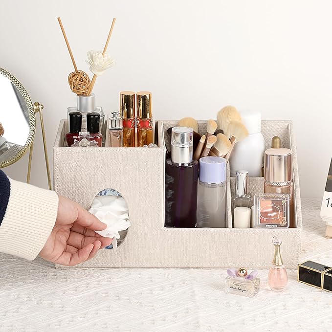 Sumnacon Square Linen Tissue Box Cover - Decorative Cube Tissue Cover with Side and Top Organizer, Modern Tissue Holder for Living Room Vanity Night Stand Table Countertop Office, Beige