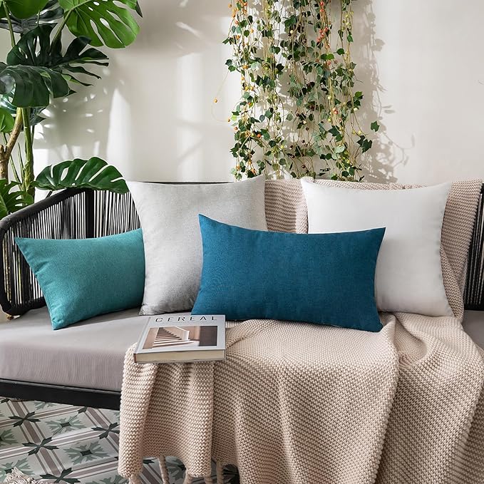 MIULEE Pack of 2 Decorative Outdoor Solid Waterproof Throw Pillow Covers Euro Sham Faux Linen Garden Farmhouse Coastal Cushion Cases for Summer Patio Tent Balcony Couch Sofa 22x22 Inch Blue