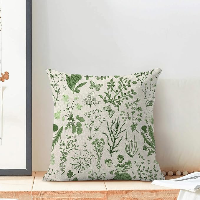 AEIOAE Summer Pillow Covers 18x18 Inch Set of 2,Olive Green Wild Flower Plant Throw Pillows Case,Seasonal Floral Outdoor Decorative Square Linen Farmhouse Decor Cushion Covers for Home Sofa Bed Couch