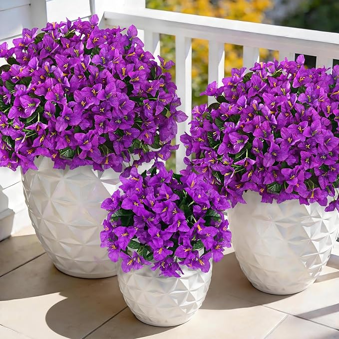 Yastouay 8 Bundles Artificial Flowers for Outdoors, Realistic Bougainvillea Fake Flowers for Outside, UV Resistant Silk Outdoor Faux Plants for Porch Patio Planter Front Door Garden Decor(Fuchsia)