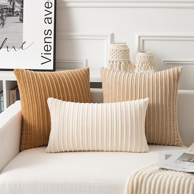 UGASA 14x24 Inch Pillow Cover Pack of 1 Soft Boho Stripe Corduroy Long Rectangular Lumbar Cushion Cover Farmhouse Decorative Throw Pillowcase for Bed, Couch, Sofa, Bedroom, Living Room, Cream
