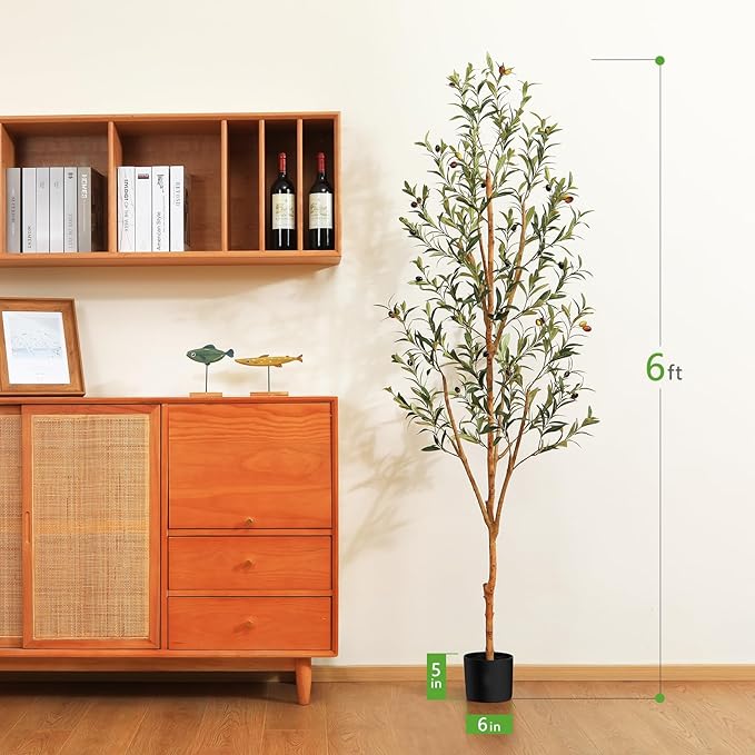 Kazeila Artificial Olive Tree 6FT Tall Faux Silk Plant for Home Office Decor Indoor Fake Potted Tree with Wood Branches and Fruits