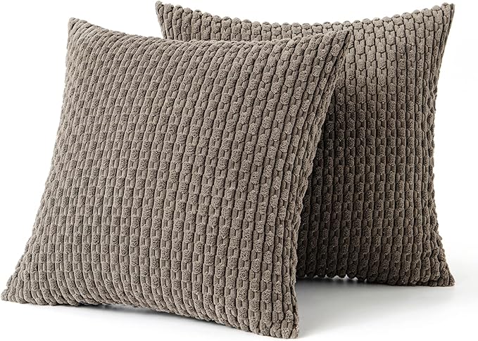 MIULEE Pack of 2 Decorative Throw Pillow Covers 16x16 Inch Soft Boho Striped Textured Corduroy Pillow Covers Modern Farmhouse Home Decor for Couch Bed Sofa Living Room Neutral Brown
