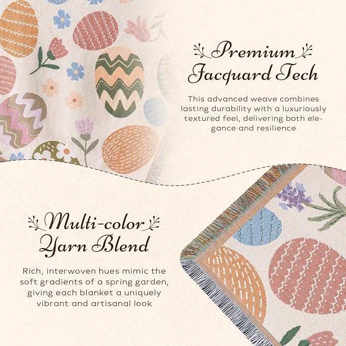Ashler Easter Throw Blanket, Bed Tassel Blanket with Egg Bag, Soft Breathable Blankets with Easter Atmosphere Egg Pattern for Couch Sofa Living Room Bedroom Spring Decor, Beige, 50 x 60 Inches