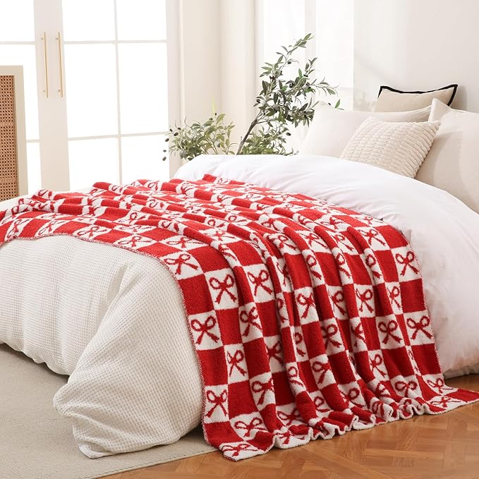 YIRUIO Red Checkered Knit Throw Blanket - with Bow Pattern for Women Daughter, 50x60 Size Ultra Soft Microfiber Reversible,Fluffy Fuzzy Cozy Throw for Bed, Sofa & Couch, Home Decor