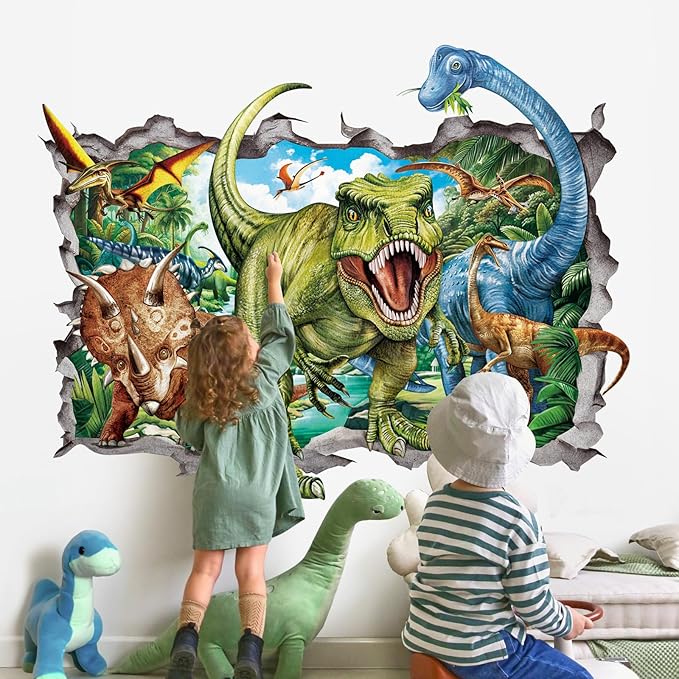 decalmile 3D Dinosaur Wall Stickers Break Through Large Dino Jungle Dinosaur Wall Decals Boys Room Baby Nursery Kids Bedroom Wall Decor
