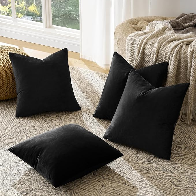 GIGIZAZA Black Velvet Pillow Covers - 16x16 Pack of 4 Decorative Throw Pillows Soft Couch Cushion Luxury Covers for Bed Living Room Accent Elegant Pillow Cases