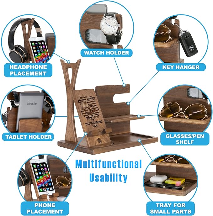 Personalized Desk Organizer for Police - Handmade Accessories Organizer with Rotating Phone Stand, Headphone Stand, Watch Holder - Unique Gift Ideas for Policeman Husband on Birthday Anniversary