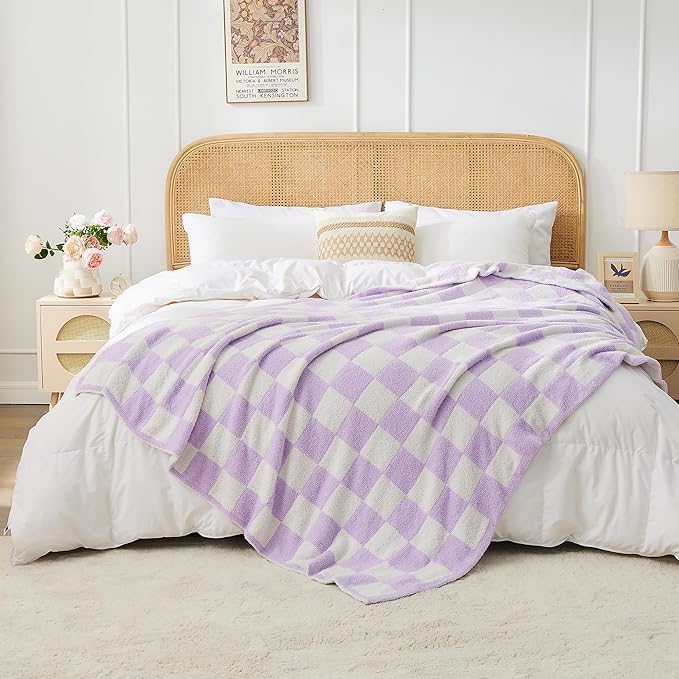 JOOJA Soft Cozy Checkerboard Lilac Blanket Fluffy Knit Throw Blanket for Couch Plaid Checkered Blanket Lilac 50x60 in