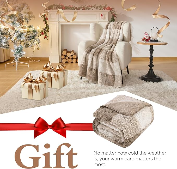 LURKA Checkered Sherpa Fleece Throw Blanket – Soft and Cozy, Medium Weight for All Season, Oversized Plush Throw for Couch, Bed & Pets, Khaki, 90x90 Inches